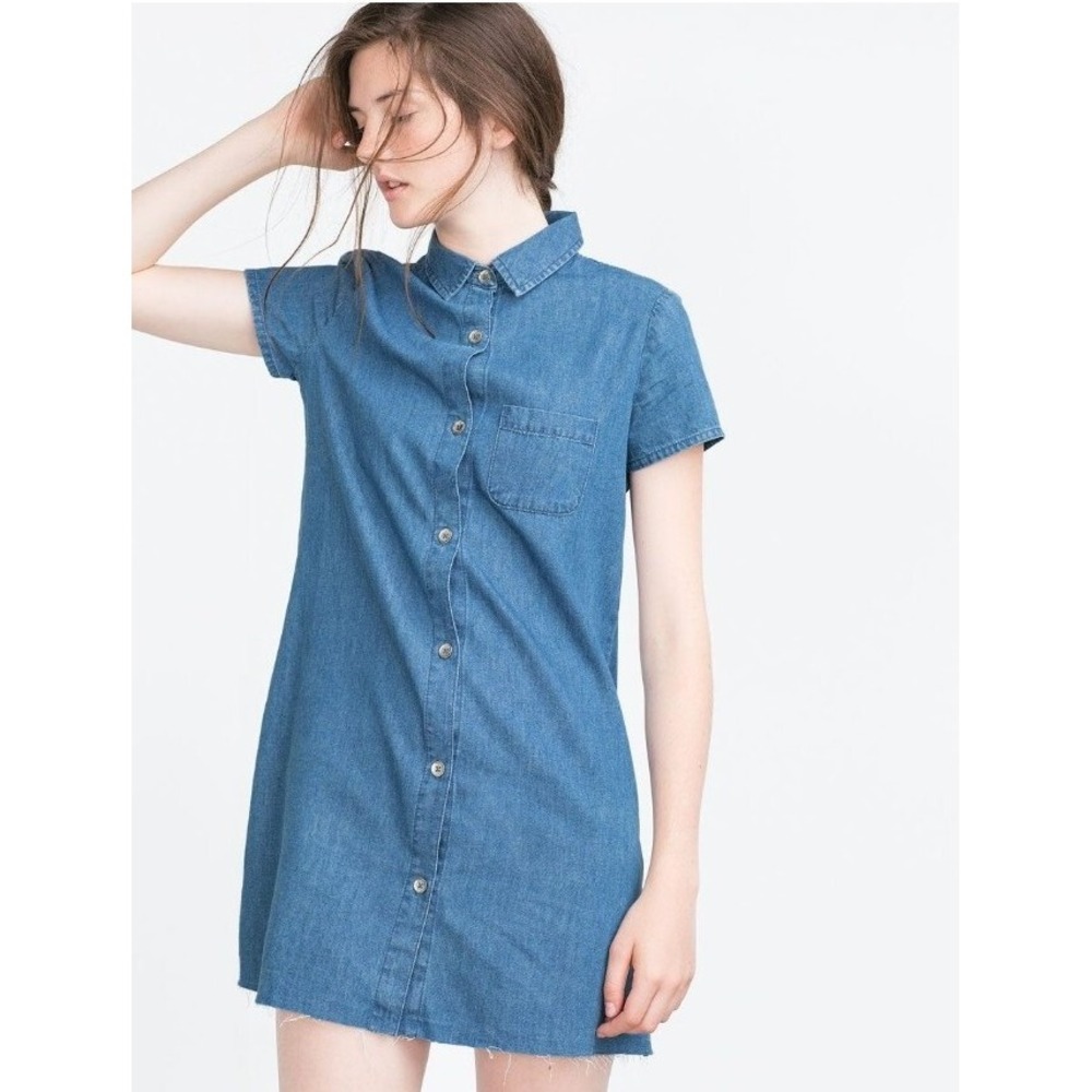 zara denim shirt dress short sleeves, Women's Fashion Blue Size L A006262